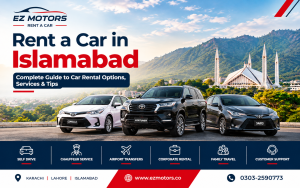 EZ Motors car rental banner featuring Toyota Corolla, Fortuner, and Yaris against the Islamabad Faisal Mosque and Margalla Hills backdrop.