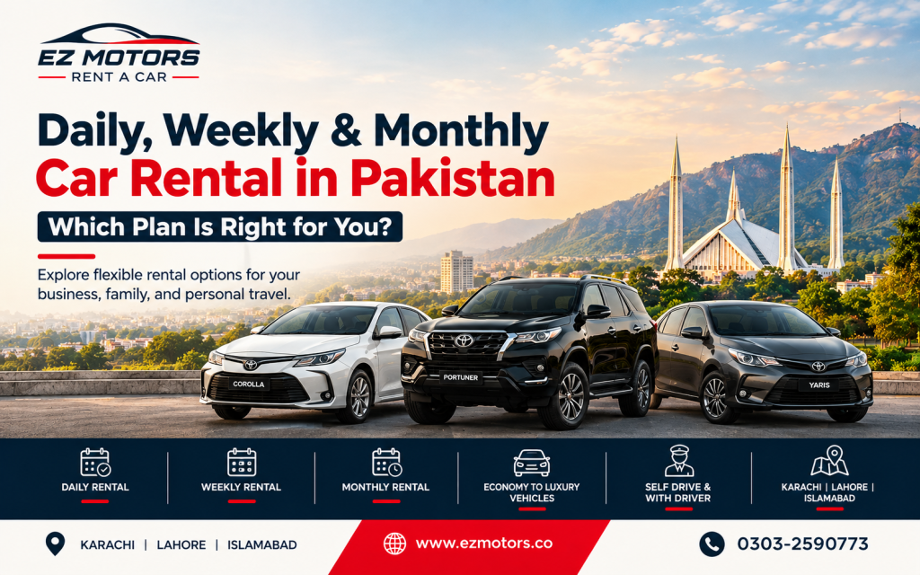 EZ Motors banner promoting daily, weekly, and monthly car rental in Pakistan, featuring Toyota Corolla, Toyota Fortuner, and Toyota Yaris against the Islamabad Faisal Mosque and Margalla Hills backdrop.